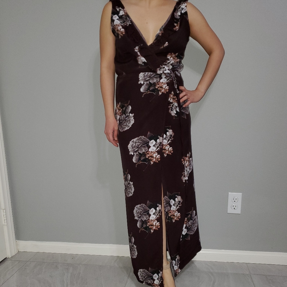 Dark Floral Backless Long Slit Maxi Dress New!